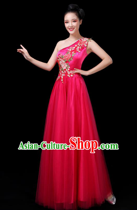 Traditional Chinese Chorus Costumes Stage Show Modern Dance Garment Opening Dance Rosy Single Shoulder Dress for Women