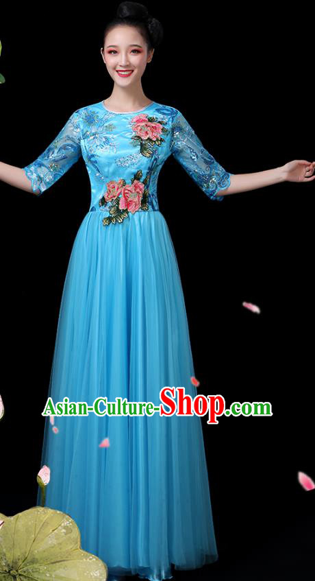 Traditional Chinese Chorus Costumes Stage Show Modern Dance Garment Opening Dance Blue Veil Dress for Women