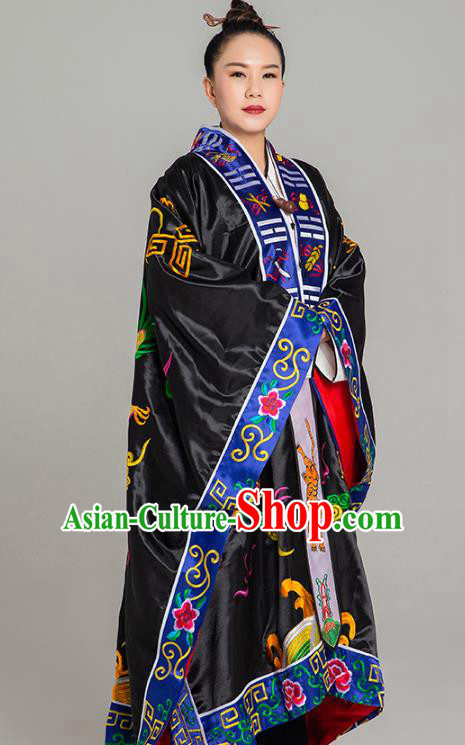 Traditional Chinese Embroidered Black Silk Gown Priest Frock Martial Arts Costumes China Taoism Taoist Nun Tai Chi Garment for Women