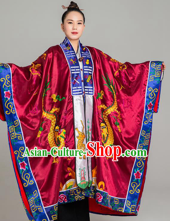 Traditional Chinese Embroidered Purplish Red Silk Gown Priest Frock Martial Arts Costumes China Taoism Taoist Nun Tai Chi Garment for Women