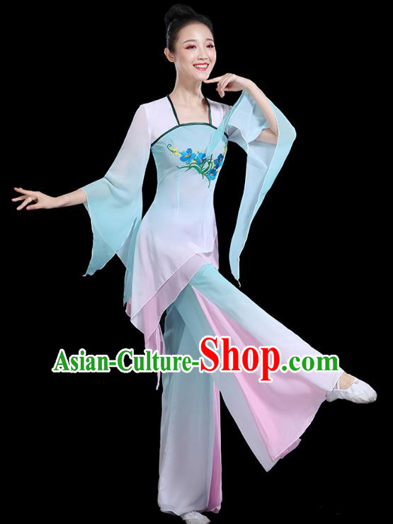 Traditional Chinese Fan Dance Costumes Stage Show Classical Dance Garment Umbrella Dance Blue Blouse and Pants for Women