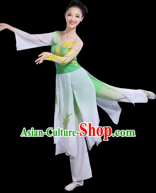 Traditional Chinese Fan Dance Costumes Stage Show Classical Dance Garment Umbrella Dance Green Blouse and Pants for Women