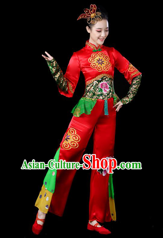 Traditional Chinese Folk Dance Costumes Stage Show Fan Dance Garment Yanko Dance Red Blouse and Pants Outfits for Women