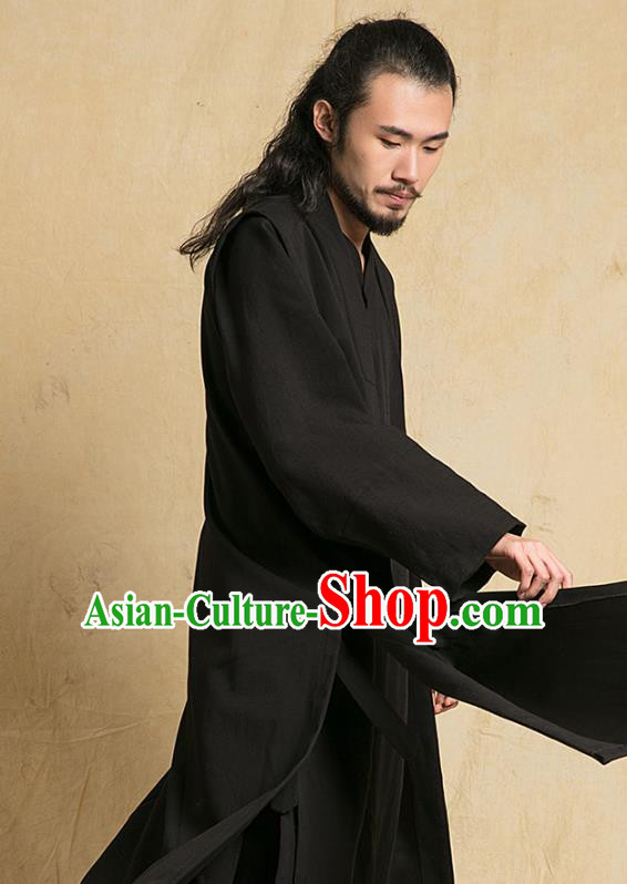 Top Grade Chinese Taoist Uniforms Kung Fu Martial Arts Competition Costume Shaolin Gongfu Black Flax Cape Blouse and Pants for Men