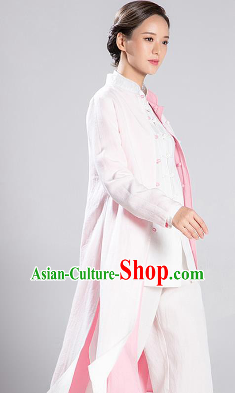 Traditional Chinese Tang Suit Reversible Dust Coat Costumes China Martial Arts Flax Garment White and Pink Overcoat for Women