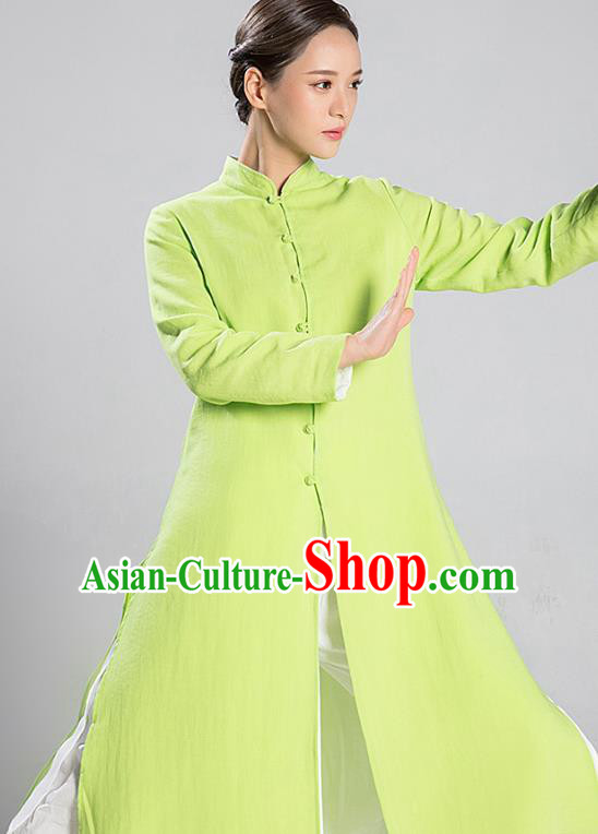 Traditional Chinese Tang Suit Reversible Dust Coat Costumes China Martial Arts Flax Garment White and Green Overcoat for Women