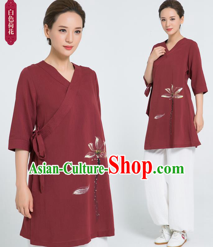 Professional Chinese Hand Painting Lotus Wine Red Flax Blouse and Pants Kung Fu Costumes Tai Chi Training Garment Outfits for Women