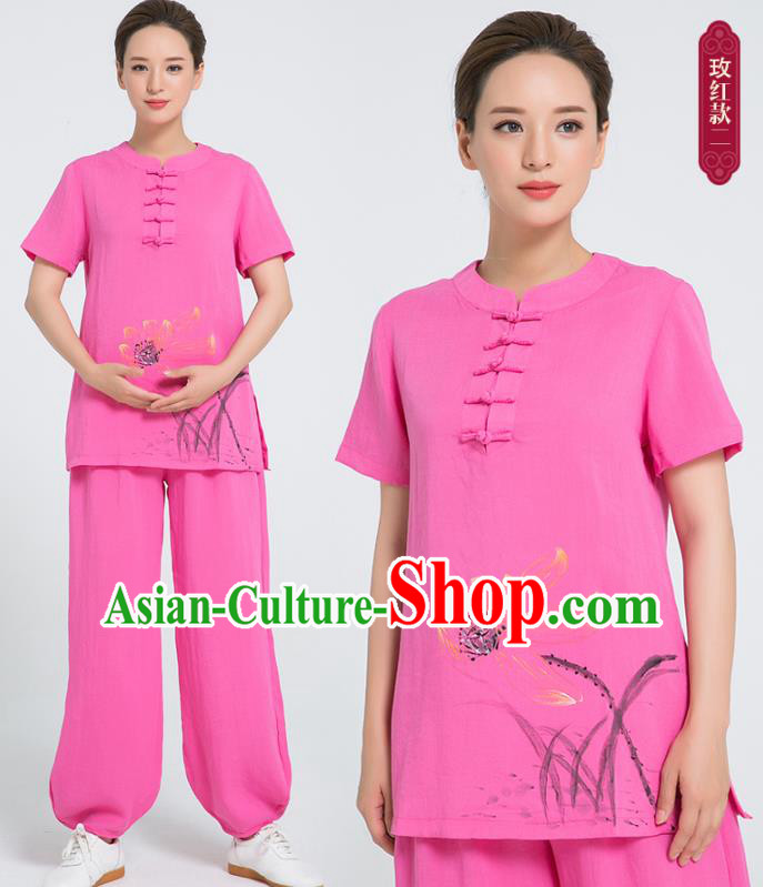 Professional Chinese Tai Chi Hand Painting Lotus Rosy Flax Blouse and Pants Costumes Kung Fu Training Garment Martial Arts Outfits for Women