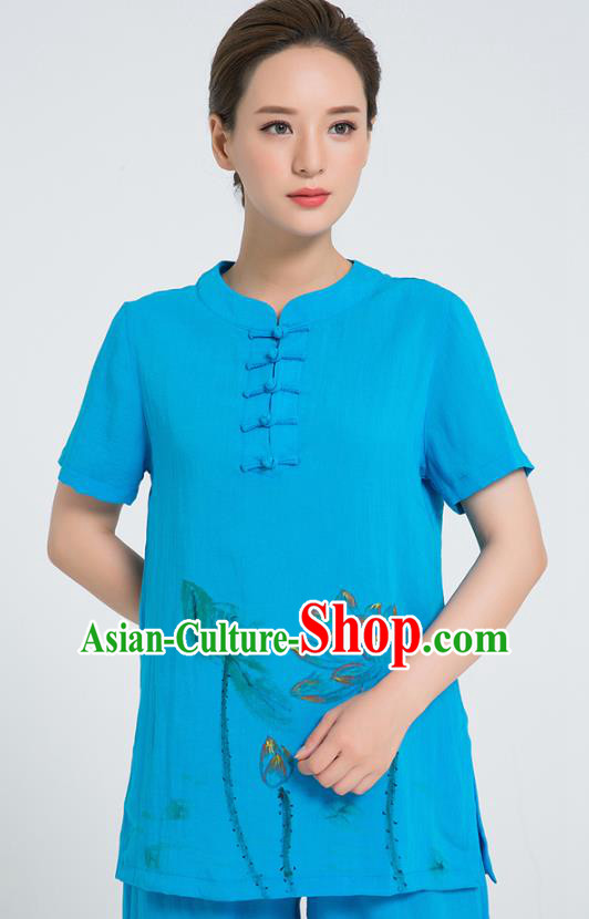 Professional Chinese Tai Chi Hand Painting Lotus Blue Flax Blouse and Pants Costumes Kung Fu Training Garment Martial Arts Outfits for Women