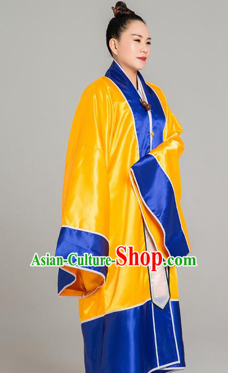 Traditional Chinese Taoist Nun Yellow Trilobal Priest Frock Martial Arts Costumes China Kung Fu Garment Embroidered Crane Gown for Women