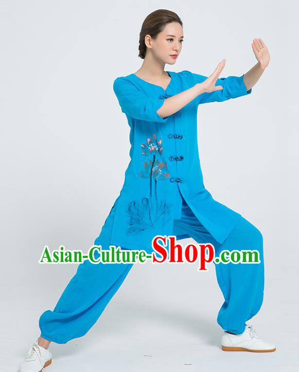 Professional Chinese Martial Arts Hand Painting Lotus Blue Flax Blouse and Pants Costumes Kung Fu Training Garment Tai Chi Outfits for Women