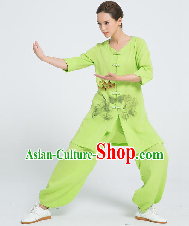 Professional Chinese Martial Arts Hand Painting Lotus Green Flax Blouse and Pants Costumes Kung Fu Training Garment Tai Chi Outfits for Women