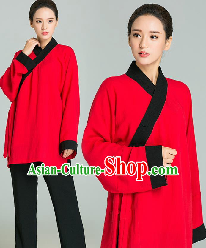 Professional Chinese Tai Chi Training Red Flax Blouse and Black Pants Costumes Kung Fu Garment Martial Arts Outfits for Women