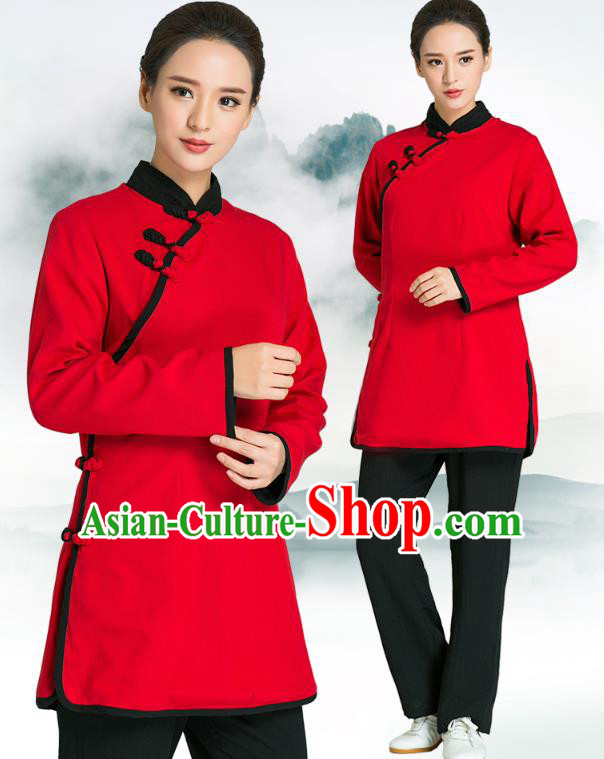 Professional Chinese Tang Suit Red Blouse and Black Pants Costumes Kung Fu Garment Tai Chi Training Outfits for Women