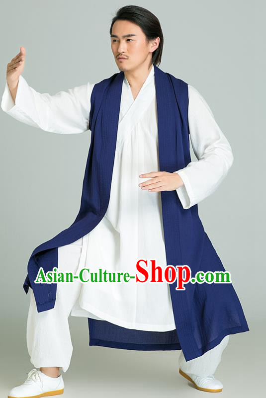 Top Grade Chinese Tai Chi Training White Uniforms Kung Fu Competition Costume Martial Arts Navy Vest Shirt and Pants for Men