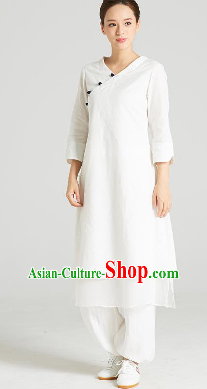 Professional Chinese Tang Suit White Long Blouse and Pants Costumes Kung Fu Garment Traditional Wudang Tai Chi Training Outfits for Women