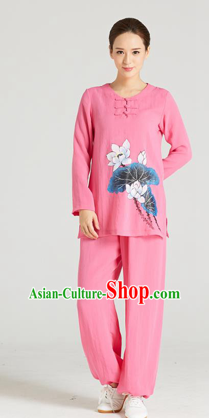 Professional Chinese Hand Painting Lotus Outfits Costumes Kung Fu Garment Traditional Wudang Tai Chi Training Pink Flax Blouse and Pants for Women