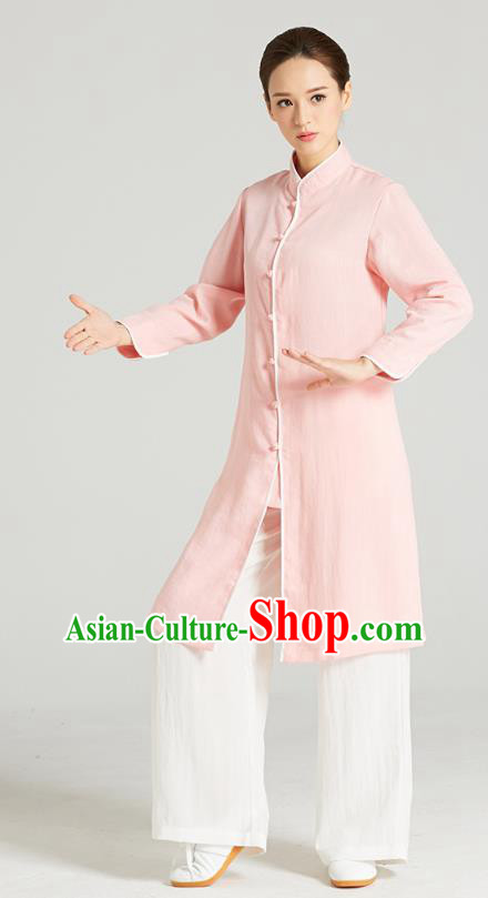 Professional Chinese Kung Fu Garment Wudang Tai Chi Training Outfits Traditional Pink Linen Blouse and Pants Costumes for Women