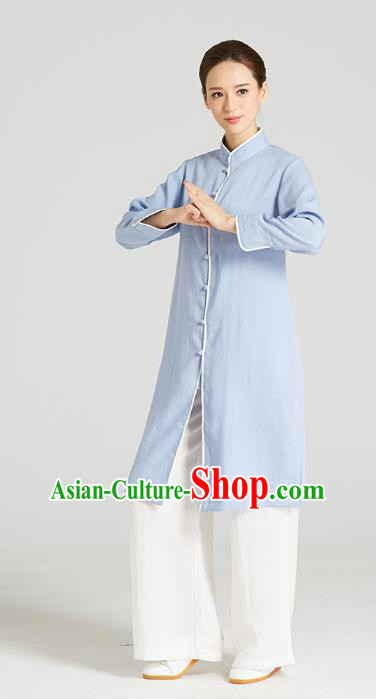 Professional Chinese Kung Fu Garment Wudang Tai Chi Training Outfits Traditional Blue Linen Blouse and Pants Costumes for Women