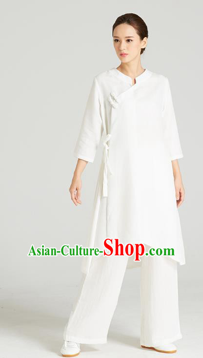 Professional Chinese Wudang Tai Chi Training Outfits Traditional White Flax Blouse and Pants Costumes Kung Fu Garment for Women