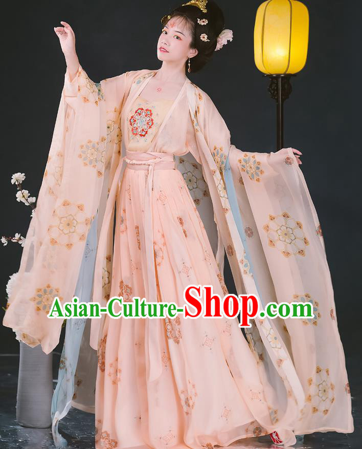 Traditional Chinese Tang Dynasty Imperial Concubine Historical Costumes Ancient Noble Woman Hanfu Garment Pink Cloak Blouse Camisole and Skirt Full Set