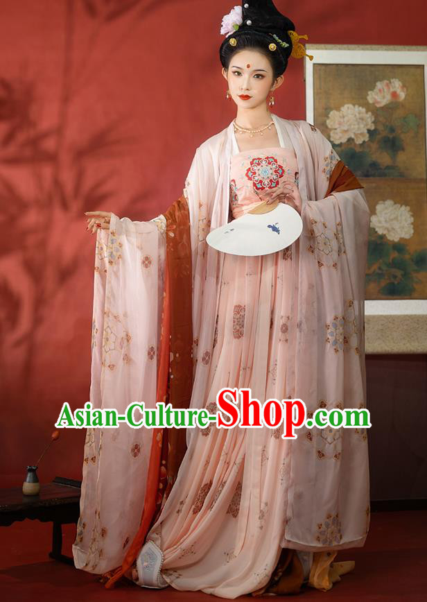 Traditional Chinese Tang Dynasty Historical Costumes Ancient Court Female Hanfu Garment Pink Chiffon Cloak Blouse and Dress Complete Set