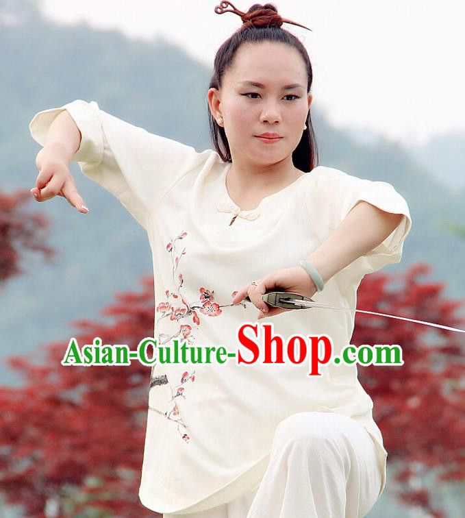 Professional Chinese Traditional Hand Painting Plum Flax Blouse and Pants Costumes Kung Fu Garment Wudang Tai Chi Training Outfits for Women