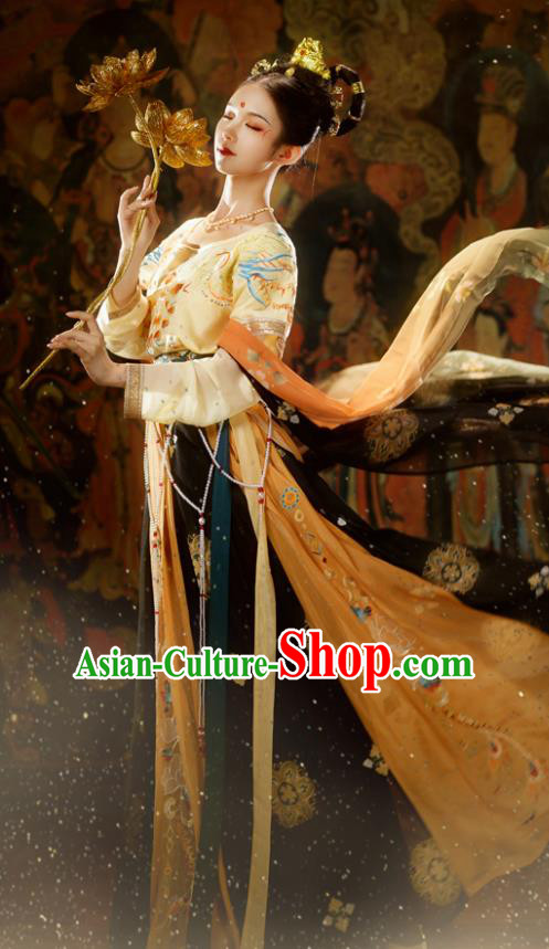 Chinese Ancient Tang Dynasty Flying Apsaras Goddess Hanfu Embroidered Half Sleeved Garment Blouse and Skirt Historical Costumes Full Set