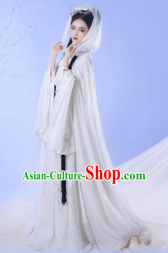 Chinese Ancient Hanfu Garment Jin Dynasty Royal Princess Embroidered White Cape Blouse and Skirt Costumes Full Set