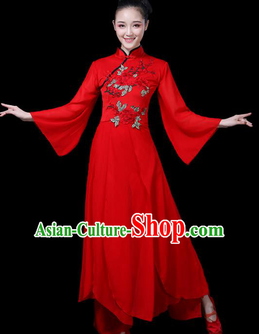 Traditional Chinese Fan Dance Costumes Stage Show Folk Dance Garment Classical Dance Red Dress and Pants for Women