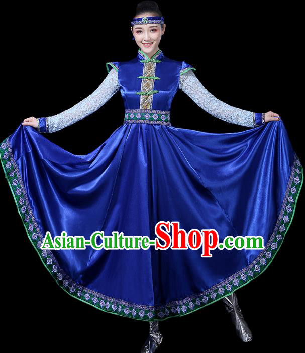 Chinese Traditional Mongolian Ethnic Dance Costumes Folk Dance Apparels Mongol Minority Dance Blue Dress for Women