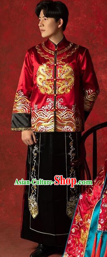 Top Chinese Traditional Bridegroom Wedding Costume Ancient Embroidered Clothing Tang Suit Red Mandarin Jacket and Black Gown for Men