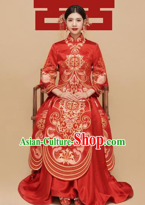 Chinese Traditional Wedding Bride Xiuhe Suits Apparels Embroidered Red Blouse and Dress Costumes for Women