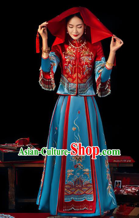 Chinese Traditional Wedding Bride Xiuhe Suits Apparels Embroidered Red Blouse and Blue Dress Costumes for Women