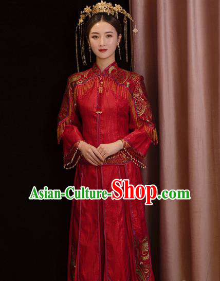 Chinese Traditional Wedding Apparels Embroidered Red Tassel Blouse and Dress Costumes Bride Slim Xiuhe Suits for Women