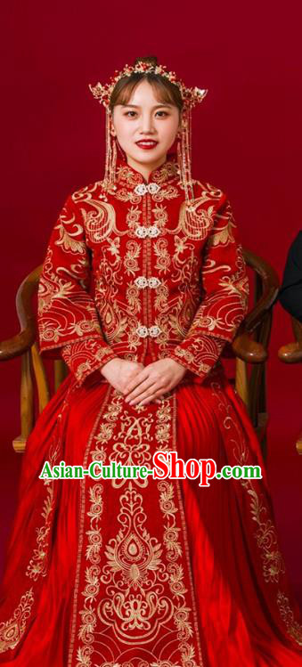 Chinese Traditional Bride Slim Apparels Embroidered Red Drilling Blouse and Dress Costumes Wedding Xiuhe Suits for Women
