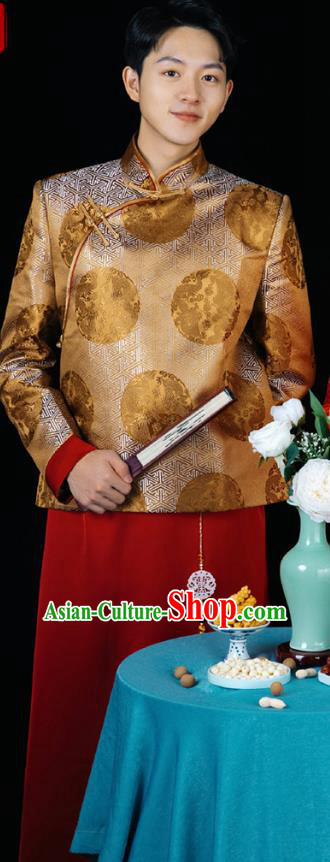 Top Chinese Traditional Bridegroom Costume Ancient Wedding Clothing Tang Suit Golden Mandarin Jacket and Gown for Men