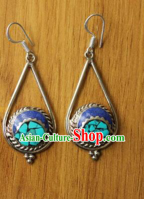 Chinese Traditional Tibetan Nationality Dance Ear Accessories Handmade Decoration Zang Ethnic Dance Blue Earrings for Women