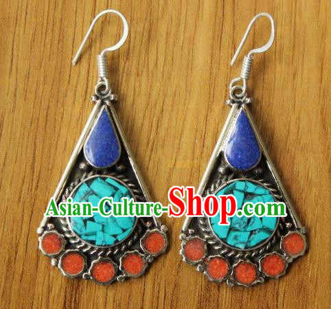 Chinese Traditional Tibetan Nationality Ear Accessories Handmade Decoration Zang Ethnic Dance Blue Earrings for Women