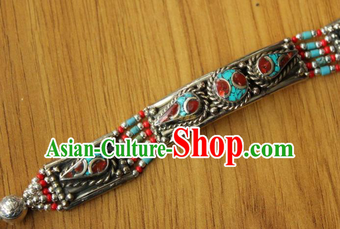 Chinese Traditional Tibetan Nationality Bracelet Jewelry Accessories Decoration Zang Ethnic Handmade Silver Carving Bangle for Women