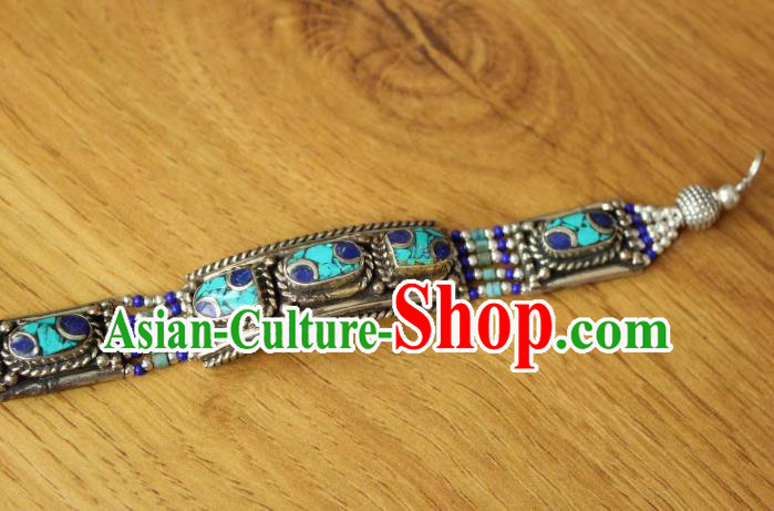 Chinese Traditional Tibetan Nationality Blue Stone Bracelet Jewelry Accessories Decoration Zang Ethnic Handmade Silver Carving Bangle for Women