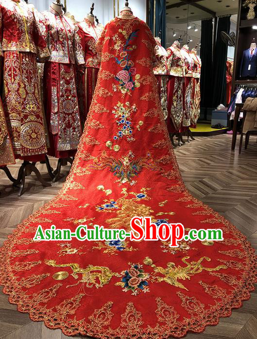 Chinese Traditional Bride Embroidered Red Cape Apparels Costumes Wedding Xiuhe Suits Trailing Four Meter Cloak for Women