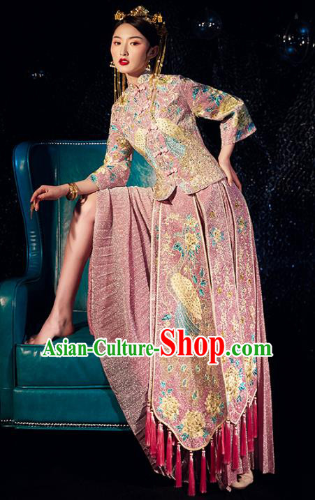 Chinese Traditional Bride Embroidered Drilling Apparels Pink Blouse and Dress Costumes Wedding Tassel Xiuhe Suits for Women
