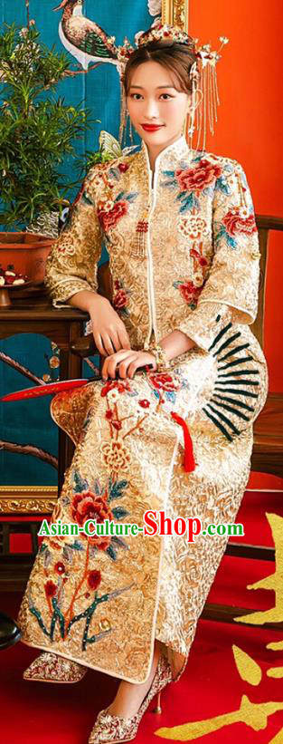 Chinese Traditional Bride Embroidered Peony Apparels Golden Blouse and Dress Costumes Wedding Xiuhe Suits for Women