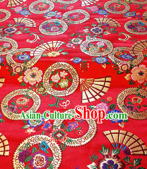 Asian Chinese Traditional Fan Flowers Pattern Design Red Brocade Fabric Cheongsam Silk Tapestry Material