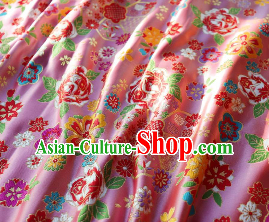 Japanese Traditional Rose Flowers Pattern Design Pink Brocade Fabric Nishijin Silk Traditional Asian Yamato Kimono Tapestry Satin Material