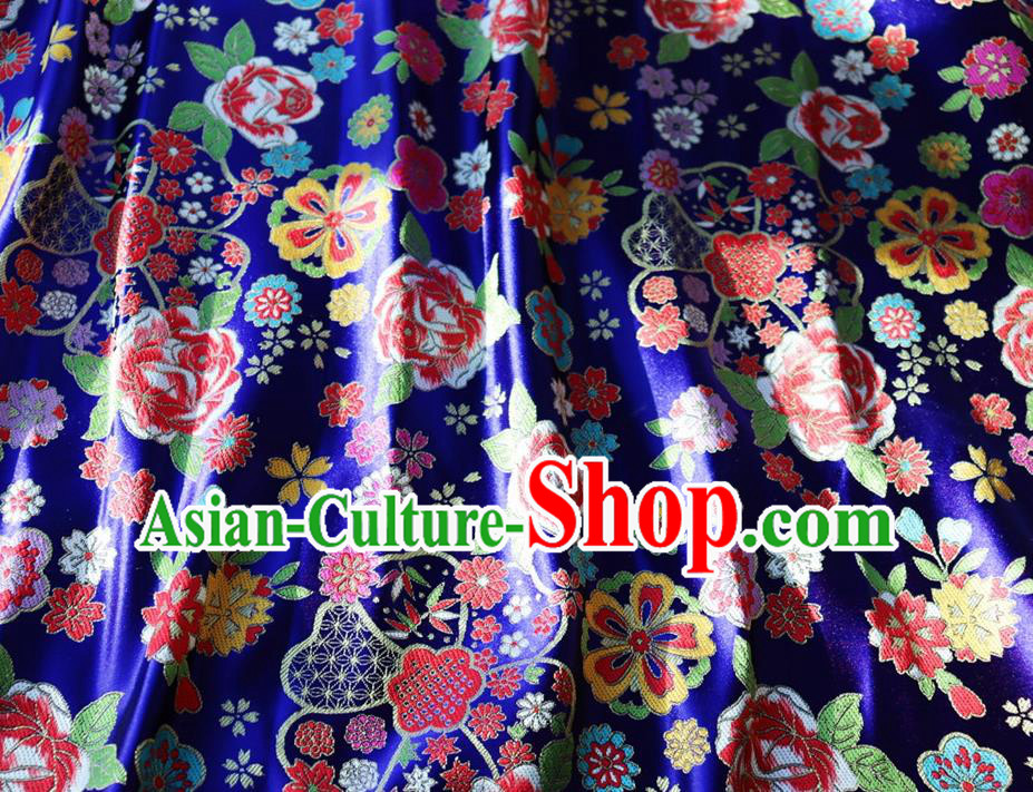 Japanese Traditional Rose Flowers Pattern Design Royalblue Brocade Fabric Nishijin Silk Traditional Asian Yamato Kimono Tapestry Satin Material