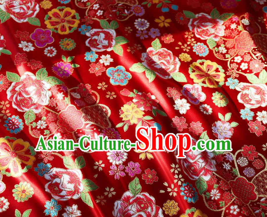 Japanese Traditional Rose Flowers Pattern Design Red Brocade Fabric Nishijin Silk Traditional Asian Yamato Kimono Tapestry Satin Material