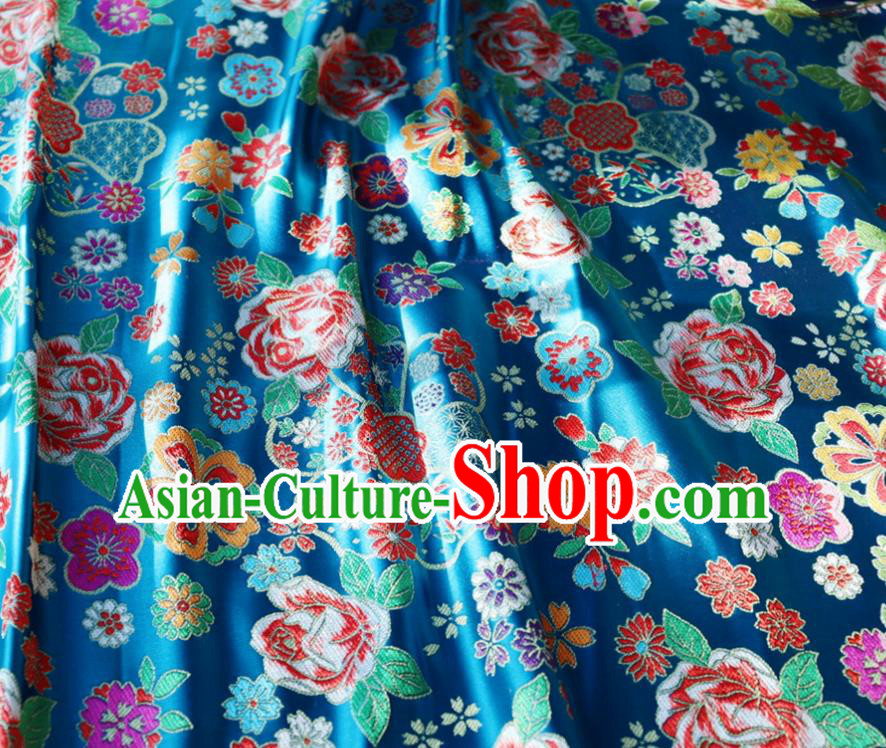 Japanese Traditional Rose Flowers Pattern Design Lake Blue Brocade Fabric Nishijin Silk Traditional Asian Yamato Kimono Tapestry Satin Material