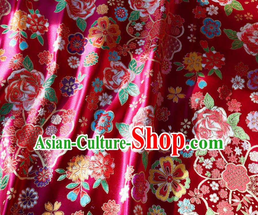 Japanese Traditional Rose Flowers Pattern Design Rosy Brocade Fabric Nishijin Silk Traditional Asian Yamato Kimono Tapestry Satin Material